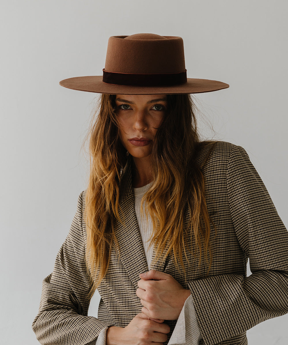 Gigi Pip felt hats for women - Linden Boater - telescope boater crown with a flat brim and three gold plated metal studs [dark oak]