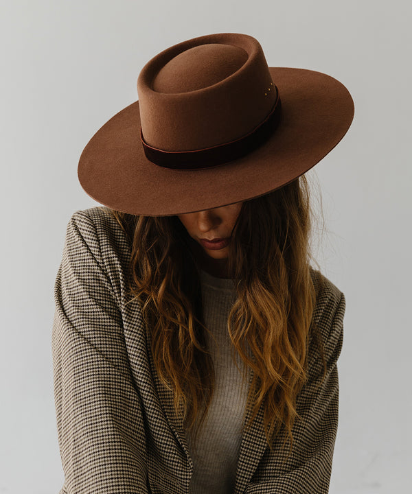 Gigi Pip felt hats for women - Linden Boater - telescope boater crown with a flat brim and three gold plated metal studs [dark oak]