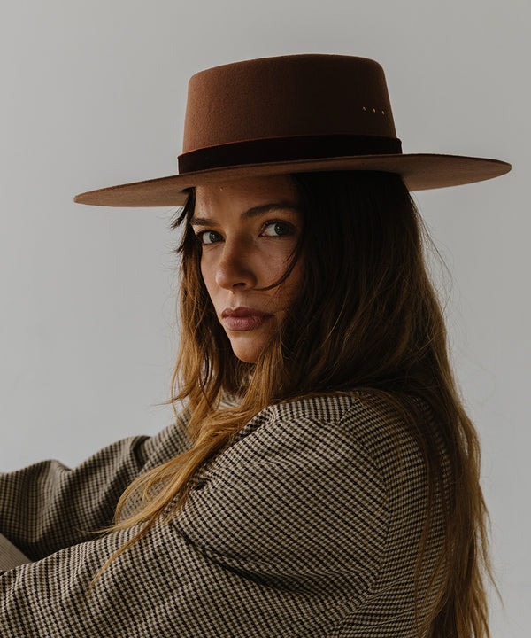 Gigi Pip felt hats for women - Linden Boater - telescope boater crown with a flat brim and three gold plated metal studs [dark oak]