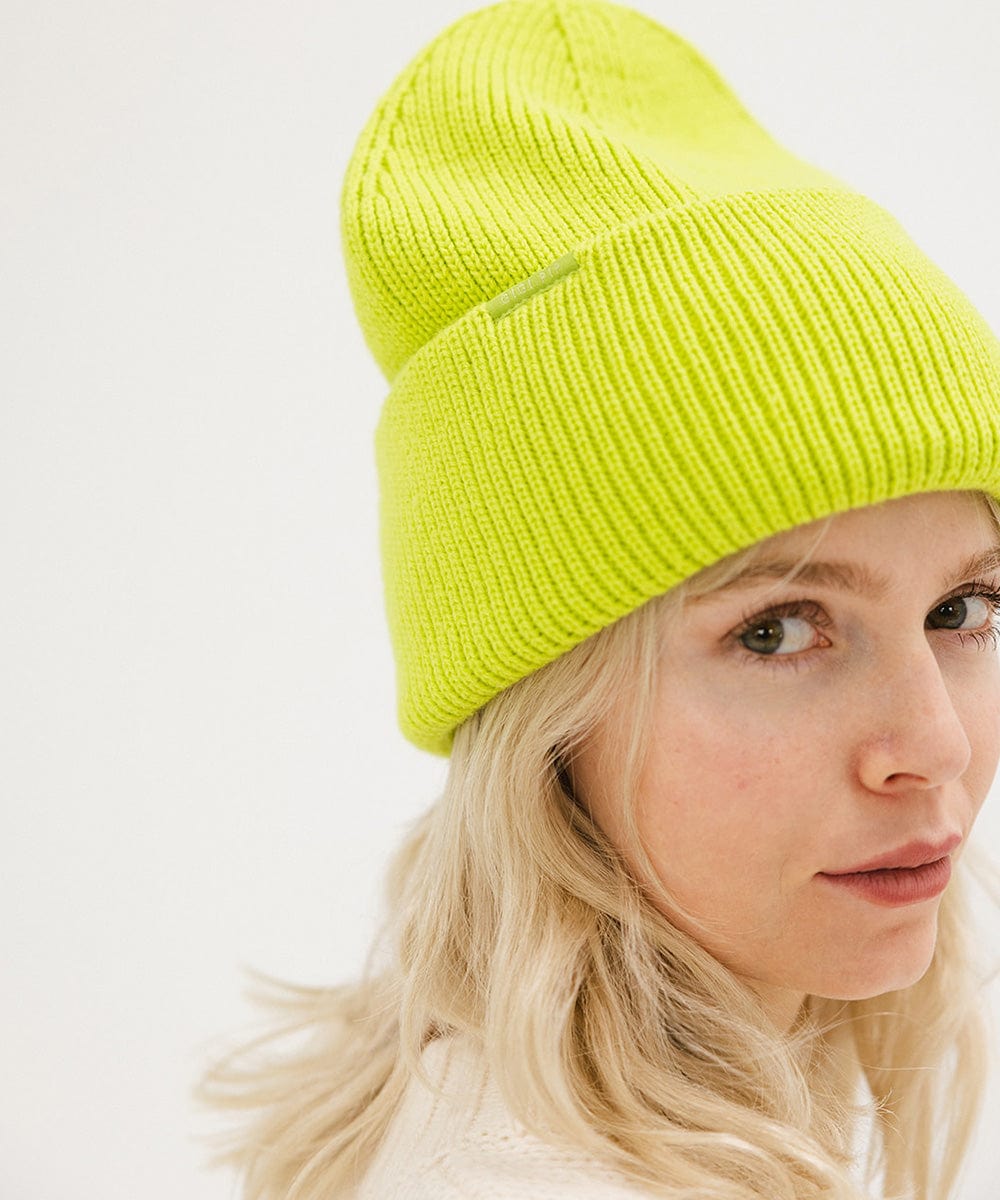 Gigi Pip beanies for women - Lou Knit Beanie - 100% Acrylic chunky oversized beanie featuring 4 neon color options with a tonal woven branded loop tag on the double fold [limeade]