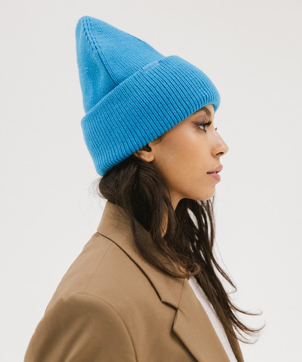 Gigi Pip beanies for women - Lou Knit Beanie - 100% Acrylic chunky oversized beanie featuring 4 neon color options with a tonal woven branded loop tag on the double fold [deja blue]