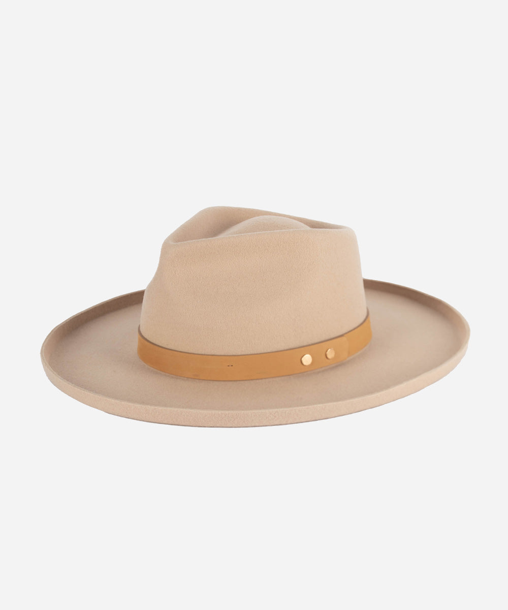 Gigi Pip felt hats for women - Luca Pencil Brim Teardrop Fedora - teardrop fedora crown with a pencil rolled brim, featuring an oiled genuine leather band and metal closure [cream]