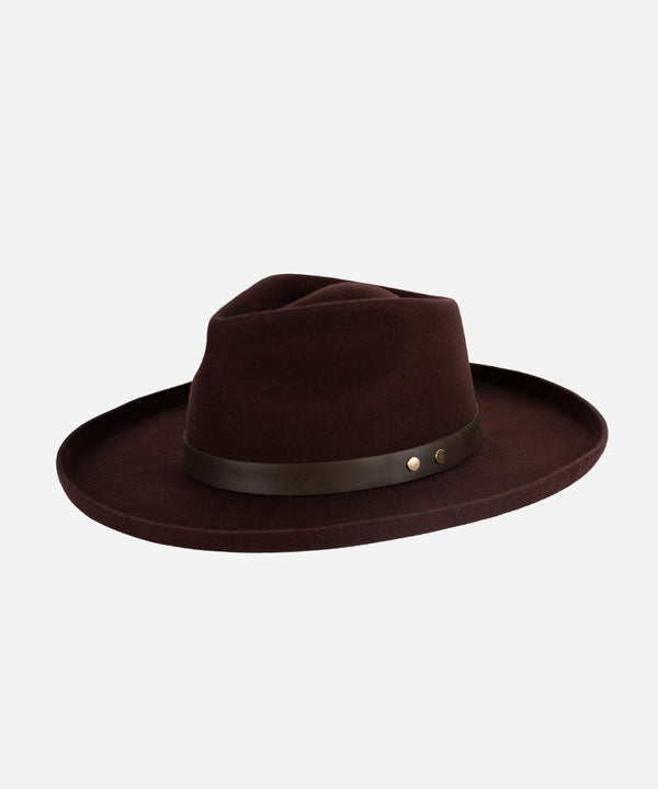 Gigi Pip felt hats for women - Luca Pencil Brim Teardrop Fedora - teardrop fedora crown with a pencil rolled brim, featuring an oiled genuine leather band and metal closure [dark cherry]