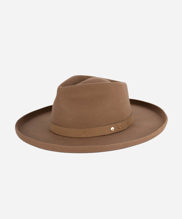 Gigi Pip felt hats for women - Luca Pencil Brim Teardrop Fedora - teardrop fedora crown with a pencil rolled brim, featuring an oiled genuine leather band and metal closure [tan]