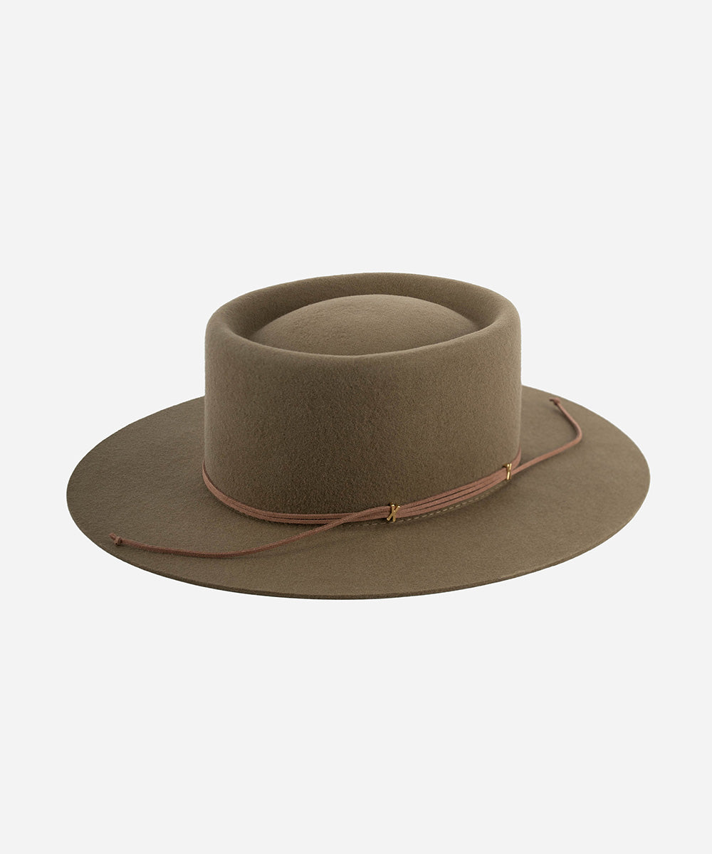 Gigi Pip felt hats for women - Maise Telescope Crown - 100% australian wool medium flat brim with a telescope crown, featuring an adjustable, layered leather band with our siganture xx detailing the band [aloe]