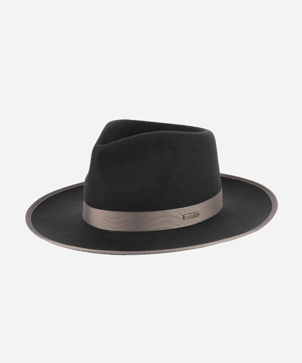 Gigi Pip felt hats for women - Monroe Rancher - fedora teardrop crown with stiff, upturned brim adorned with a tonal grosgrain band on the crown and brim [dark grey]