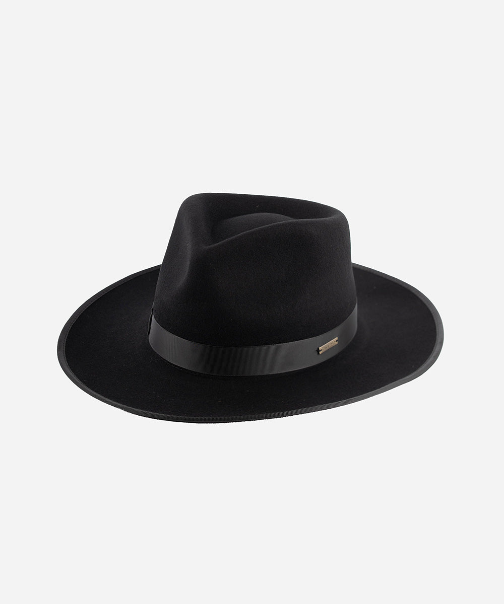 Gigi Pip felt hats for women - Monroe Rancher - fedora teardrop crown with stiff, upturned brim adorned with a tonal grosgrain band on the crown and brim [black]