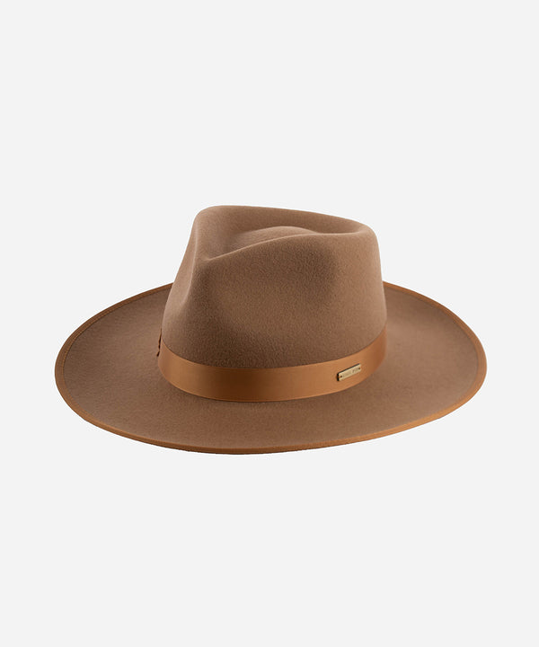 Gigi Pip felt hats for women - Monroe Rancher - fedora teardrop crown with stiff, upturned brim adorned with a tonal grosgrain band on the crown and brim [brown]