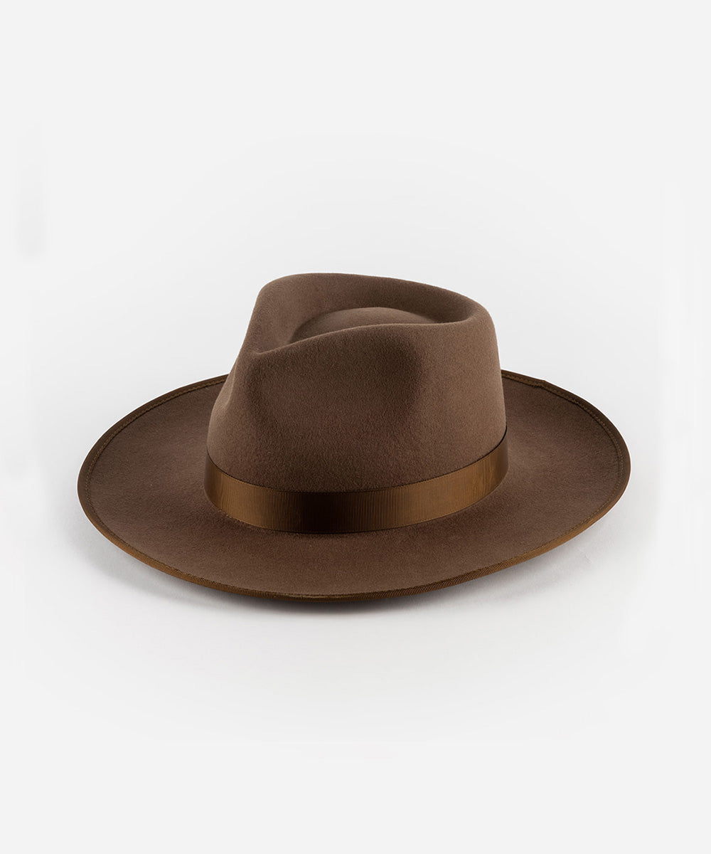 Gigi Pip felt hats for women - Monroe Rancher - fedora teardrop crown with stiff, upturned brim adorned with a tonal grosgrain band on the crown and brim [chocolate]