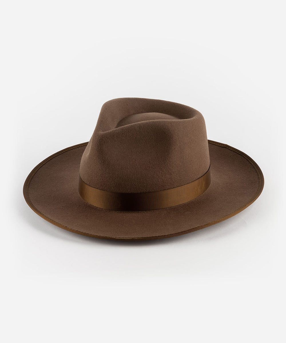 Gigi Pip felt hats for women - Monroe Rancher - fedora teardrop crown with stiff, upturned brim adorned with a tonal grosgrain band on the crown and brim [chocolate]