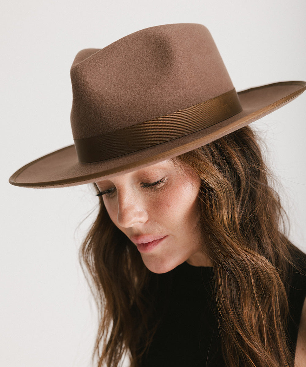 Gigi Pip felt hats for women - Monroe Rancher - fedora teardrop crown with stiff, upturned brim adorned with a tonal grosgrain band on the crown and brim [chocolate]