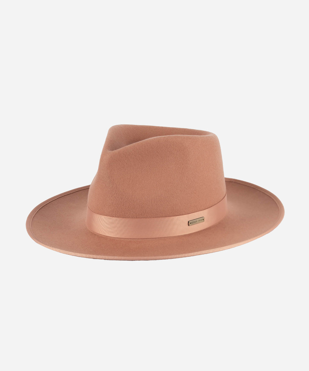 Gigi Pip felt hats for women - Monroe Rancher - fedora teardrop crown with stiff, upturned brim adorned with a tonal grosgrain band on the crown and brim [dusty pink]