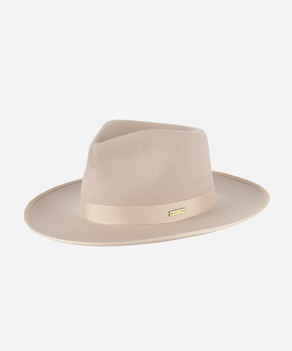 Gigi Pip felt hats for women - Monroe Rancher - fedora teardrop crown with stiff, upturned brim adorned with a tonal grosgrain band on the crown and brim [ivory]