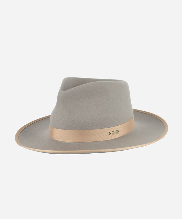 Gigi Pip felt hats for women - Monroe Rancher - fedora teardrop crown with stiff, upturned brim adorned with a tonal grosgrain band on the crown and brim [light grey-tan]