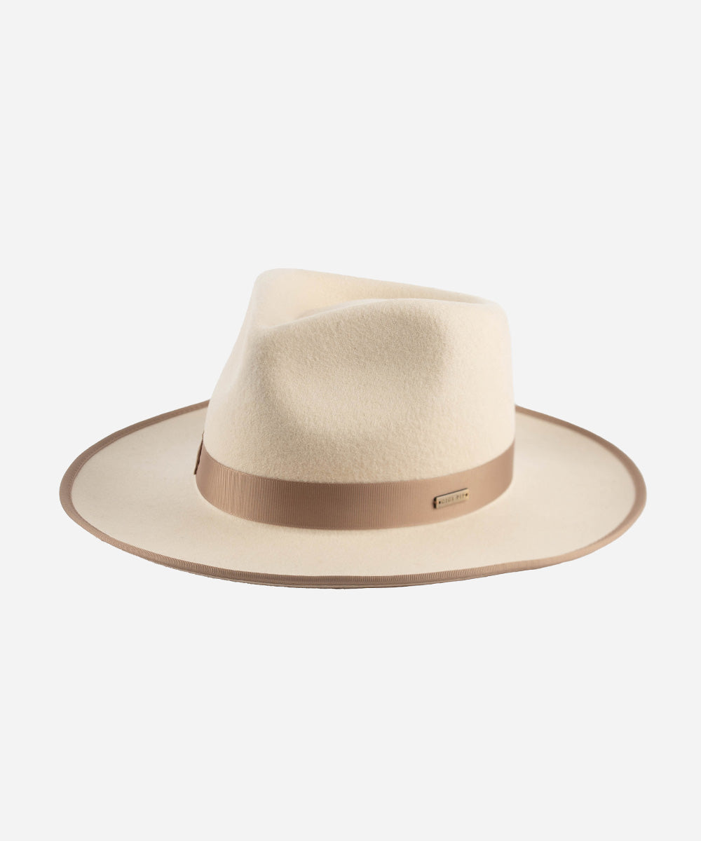 Gigi Pip felt hats for women - Monroe Rancher - fedora teardrop crown with stiff, upturned brim adorned with a tonal grosgrain band on the crown and brim [white-taupe]