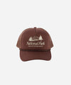 Gigi Pip trucker hats for women - National Parks Foam Trucker Hat - 100% polyester foam + mesh trucker hat with a curved brim featuring the words "National Parks" in a contrasting color as a design across the front panel [chocolate]