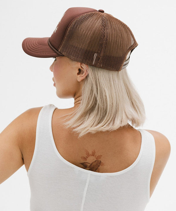 Gigi Pip trucker hats for women - National Parks Foam Trucker Hat - 100% polyester foam + mesh trucker hat with a curved brim featuring the words "National Parks" in a contrasting color as a design across the front panel [chocolate]