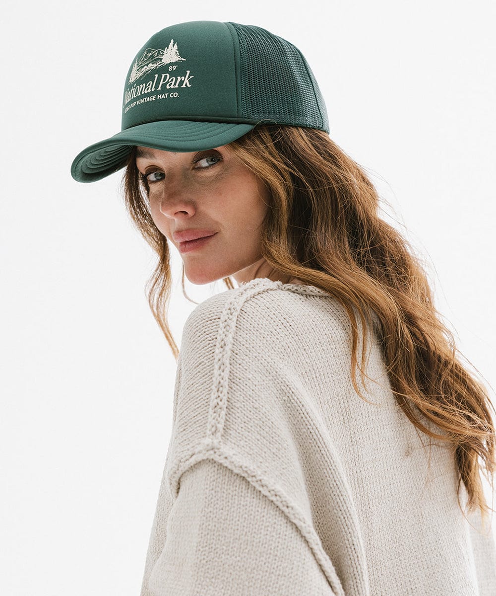 Gigi Pip trucker hats for women - National Parks Foam Trucker Hat - 100% polyester foam + mesh trucker hat with a curved brim featuring the words "National Parks" in a contrasting color as a design across the front panel [forest green]