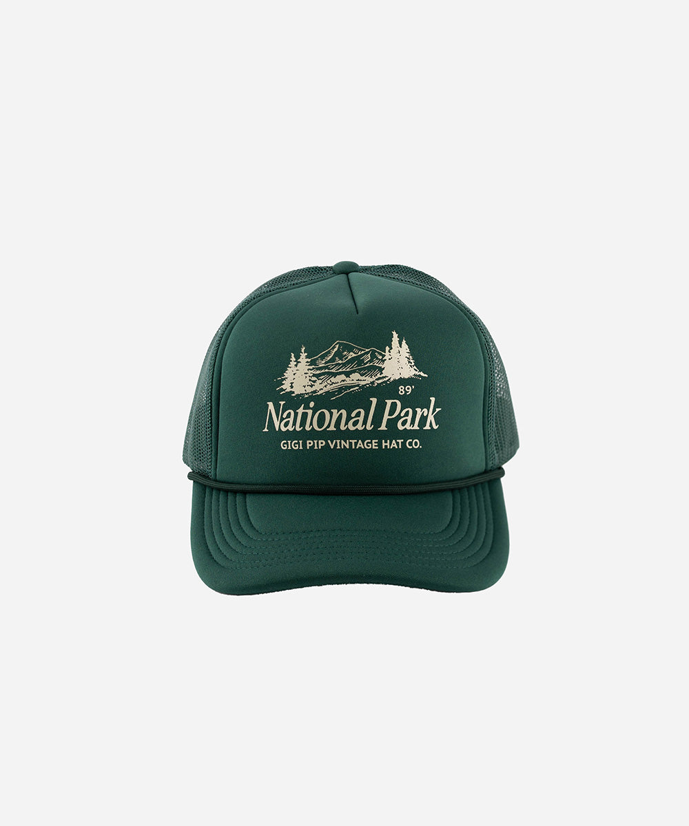 Gigi Pip trucker hats for women - National Parks Foam Trucker Hat - 100% polyester foam + mesh trucker hat with a curved brim featuring the words 