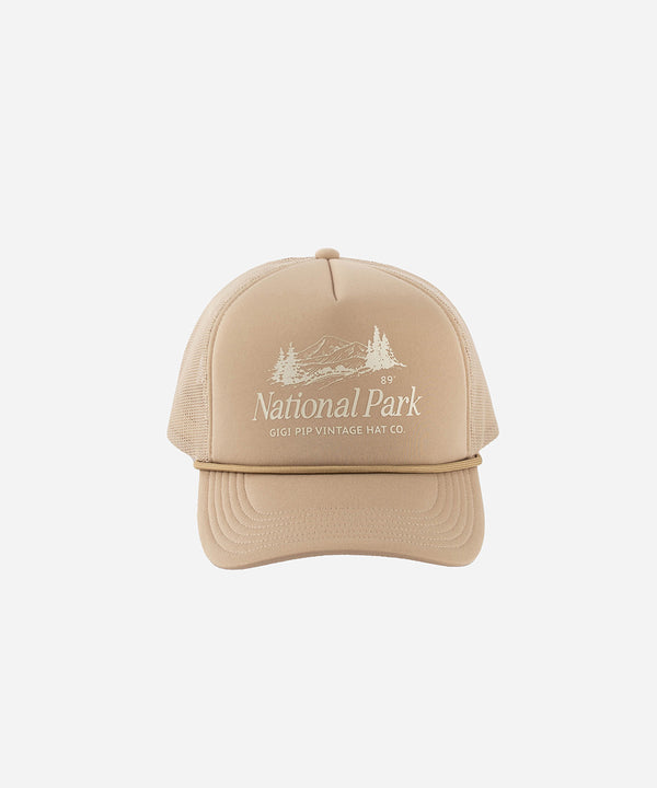 Gigi Pip trucker hats for women - National Parks Foam Trucker Hat - 100% polyester foam + mesh trucker hat with a curved brim featuring the words "National Parks" in a contrasting color as a design across the front panel [tan]