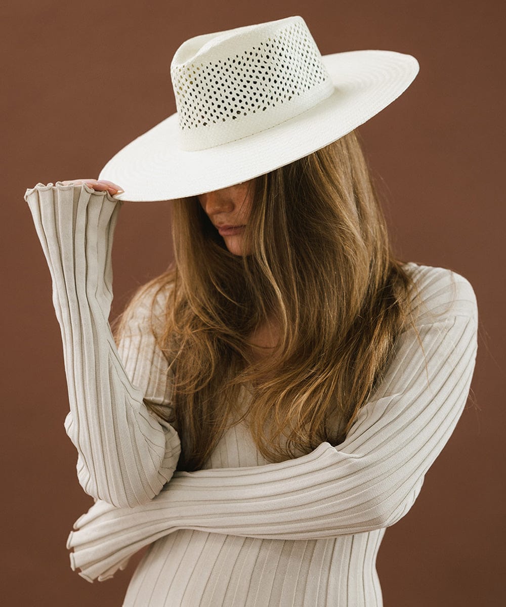 Gigi Pip straw hats for women - Nell - 100% Paper straw style sun hat with a vented fedora crown + wide brim perfect for keeping cool by the pool. [natural white]