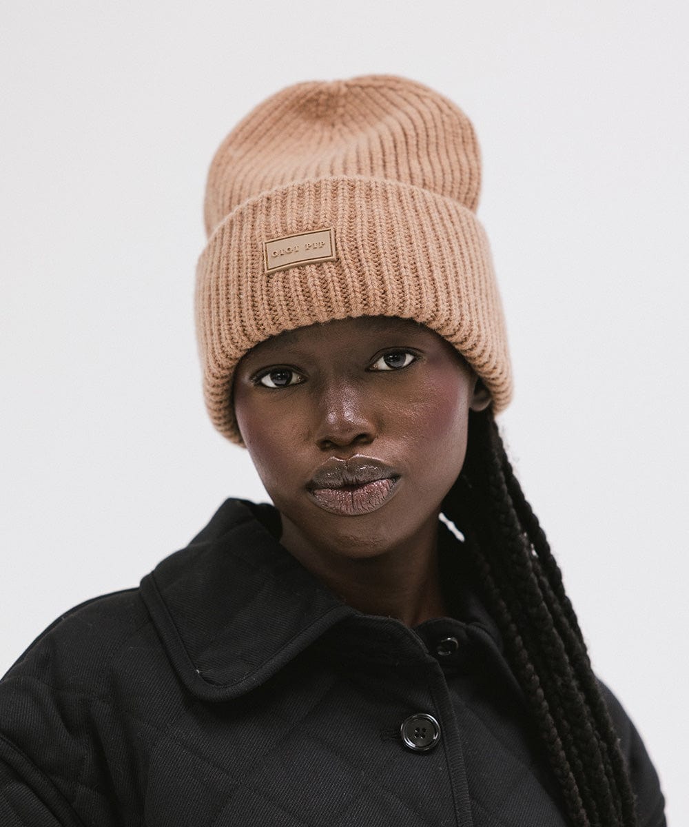 Gigi Pip beanies for women - Gigi Merino Wool Beanie - 100% merino wool double fold beanie featuring a Gigi Pip branded silicone patch on the front fold [brown]