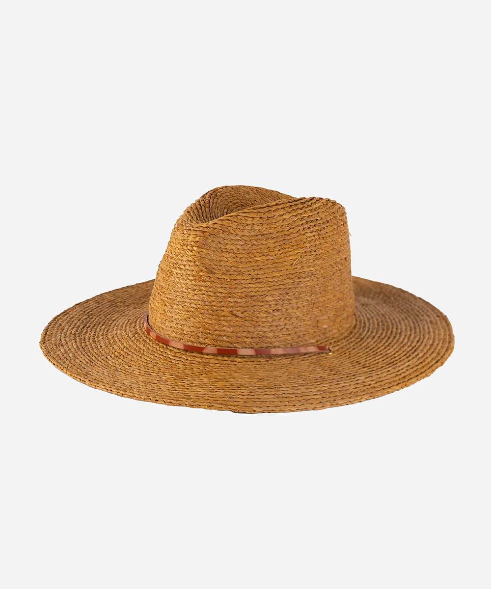 Gigi Pip straw hats for women - Ozzy Lifegaurd Hat - made of a tight weave raffia straw with a relaxed a-line brim, hand-painted leather chinstrap [honey]