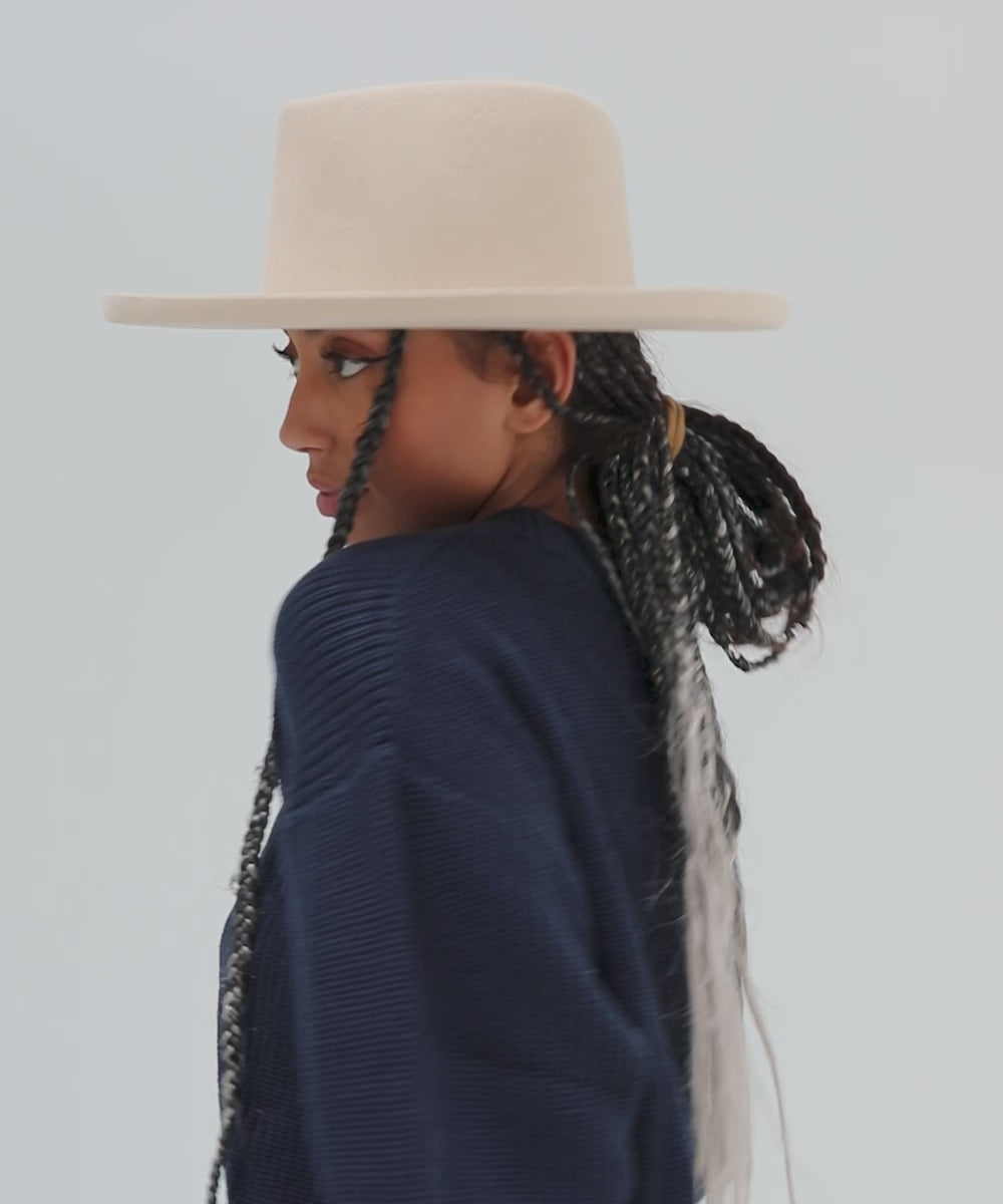 Gigi Pip felt hats for women - Lennon Pencil Brim - 100% australian wool fedora curved crown with a stiff, wide brim featuring a pencil rolled up edge + a grosgrain ribbon trim [cream]