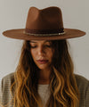 Gigi Pip felt hats for women - Raine Wide Brim Fedora - wide flat brim with a fedora crown, featuring a gold-plated removable paperclip brass chain with three faux pearls and a hand-sewn grosgrain band with the gold Gigi Pip bar around the crown, as well as a removable golden chain chinstrap [dark oak]