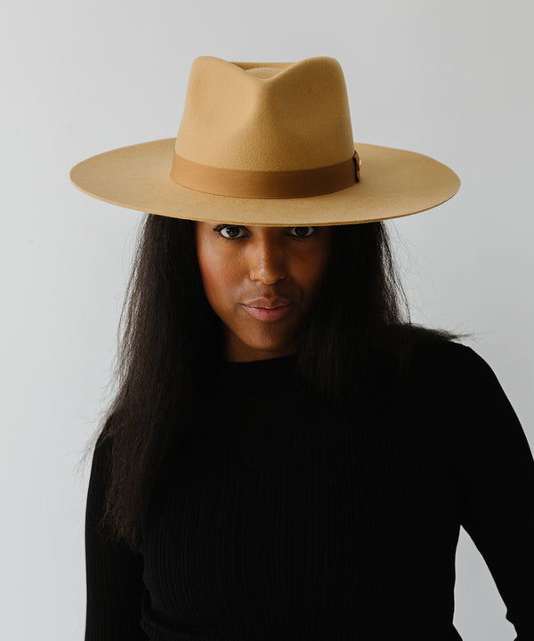 Gigi Pip felt hats for women - Raine Wide Brim Fedora - wide flat brim with a fedora crown, featuring a gold-plated removable paperclip brass chain with three faux pearls and a hand-sewn grosgrain band with the gold Gigi Pip bar around the crown, as well as a removable golden chain chinstrap [honeycomb]