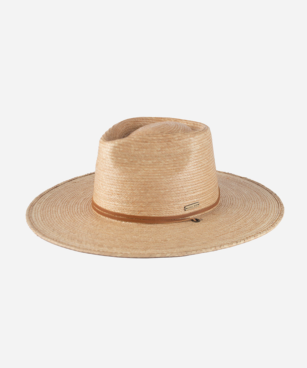 Gigi Pip straw hats for women - River Guatemalan Palm - teardrop lifeguard fedora crown featuring a flat brim trimmed with a leather chinstrap + leather slider [oak]