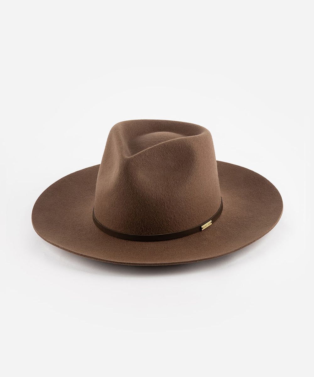 Gigi Pip felt hats for women - Rowan Fedora - 100% australian wool pinched fedora crown with a stiff wide flat brim featuring a grosgrain band with Gigi Pip branded [chocolate]