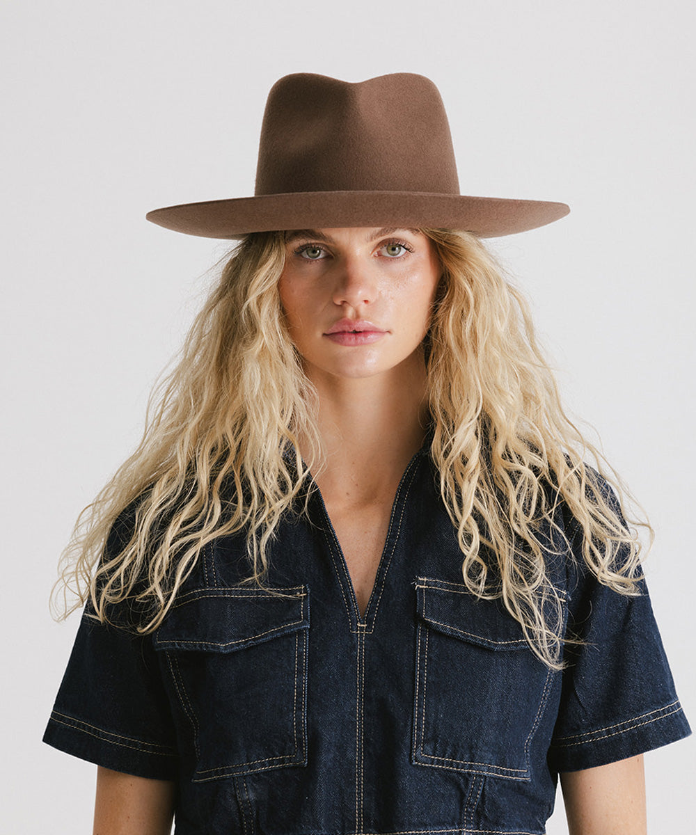 Gigi Pip felt hats for women - Rowan Fedora - 100% australian wool pinched fedora crown with a stiff wide flat brim featuring a grosgrain band with Gigi Pip branded [chocolate]