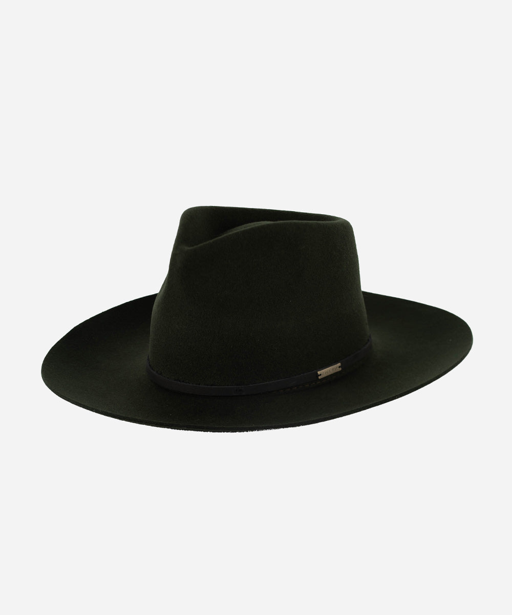 Gigi Pip felt hats for women - Rowan Fedora - 100% australian wool pinched fedora crown with a stiff wide flat brim featuring a grosgrain band with Gigi Pip branded [dark green]