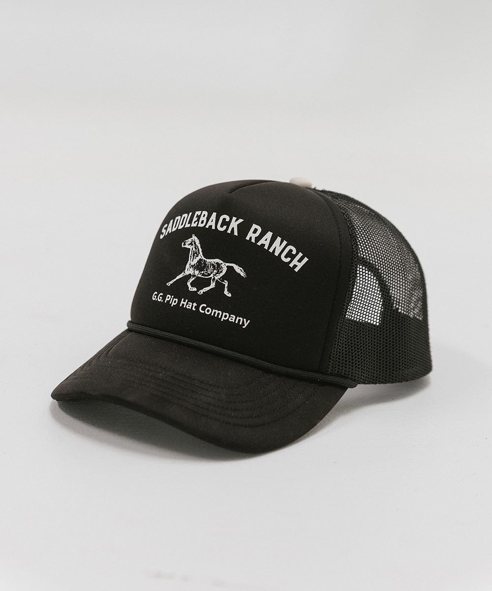 Gigi Pip trucker hats for women - Saddleback Foam Trucker Hat - 100% polyester foam + mesh trucker hat with a curved brim featuring the words "Saddleback Ranch" in a contrasting color as a design across the front panel [black]