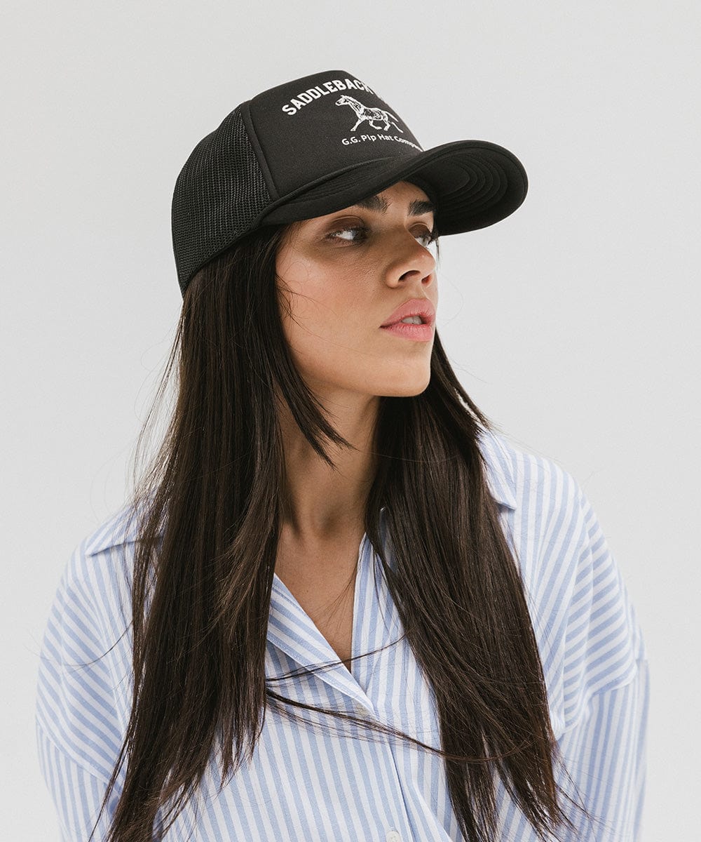 Gigi Pip trucker hats for women - Saddleback Foam Trucker Hat - 100% polyester foam + mesh trucker hat with a curved brim featuring the words "Saddleback Ranch" in a contrasting color as a design across the front panel [black]