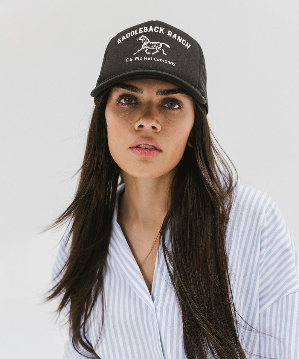 Gigi Pip trucker hats for women - Saddleback Foam Trucker Hat - 100% polyester foam + mesh trucker hat with a curved brim featuring the words "Saddleback Ranch" in a contrasting color as a design across the front panel [black]