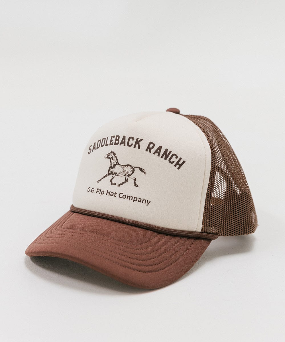 Gigi Pip trucker hats for women - Saddleback Foam Trucker Hat - 100% polyester foam + mesh trucker hat with a curved brim featuring the words "Saddleback Ranch" in a contrasting color as a design across the front panel [cream-chocolate brown]