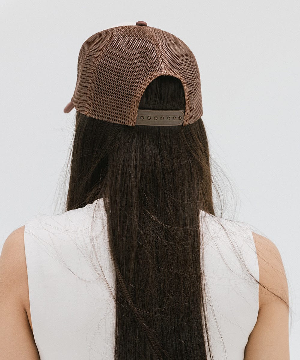 Gigi Pip trucker hats for women - Saddleback Foam Trucker Hat - 100% polyester foam + mesh trucker hat with a curved brim featuring the words "Saddleback Ranch" in a contrasting color as a design across the front panel [cream-chocolate brown]