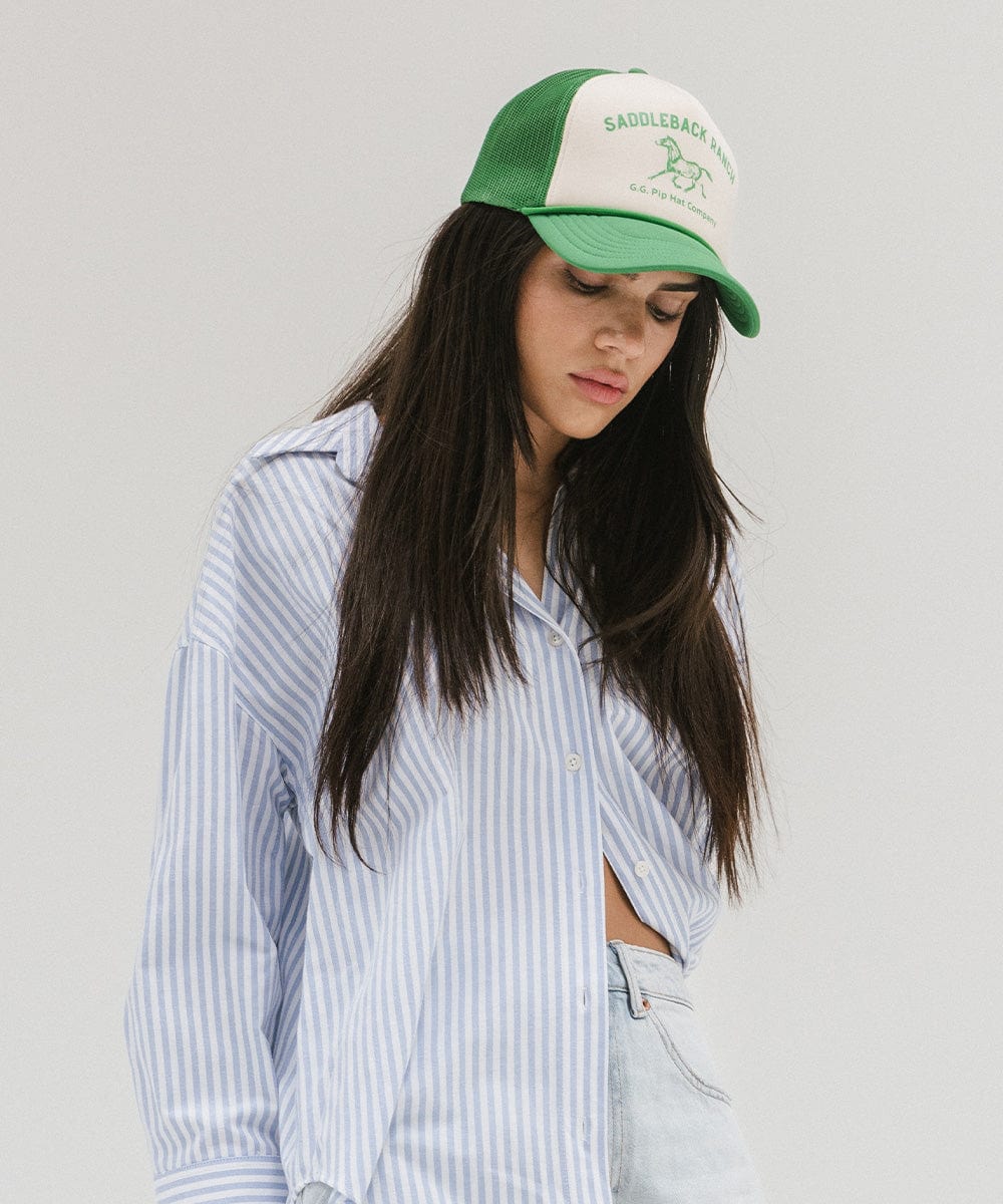 Gigi Pip trucker hats for women - Saddleback Foam Trucker Hat - 100% polyester foam + mesh trucker hat with a curved brim featuring the words "Saddleback Ranch" in a contrasting color as a design across the front panel [cream-vintage green]