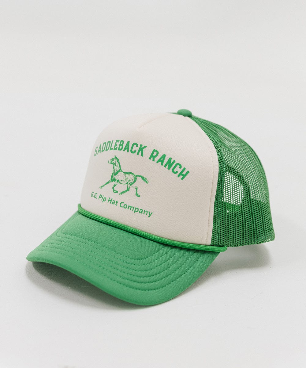 Gigi Pip trucker hats for women - Saddleback Foam Trucker Hat - 100% polyester foam + mesh trucker hat with a curved brim featuring the words "Saddleback Ranch" in a contrasting color as a design across the front panel [cream-vintage green]