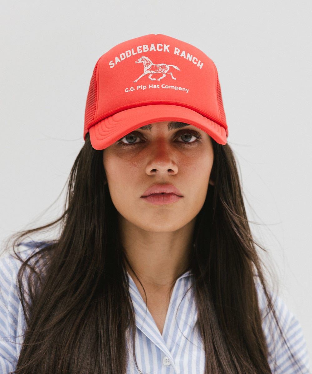 Gigi Pip trucker hats for women - Saddleback Foam Trucker Hat - 100% polyester foam + mesh trucker hat with a curved brim featuring the words "Saddleback Ranch" in a contrasting color as a design across the front panel [vintage red]