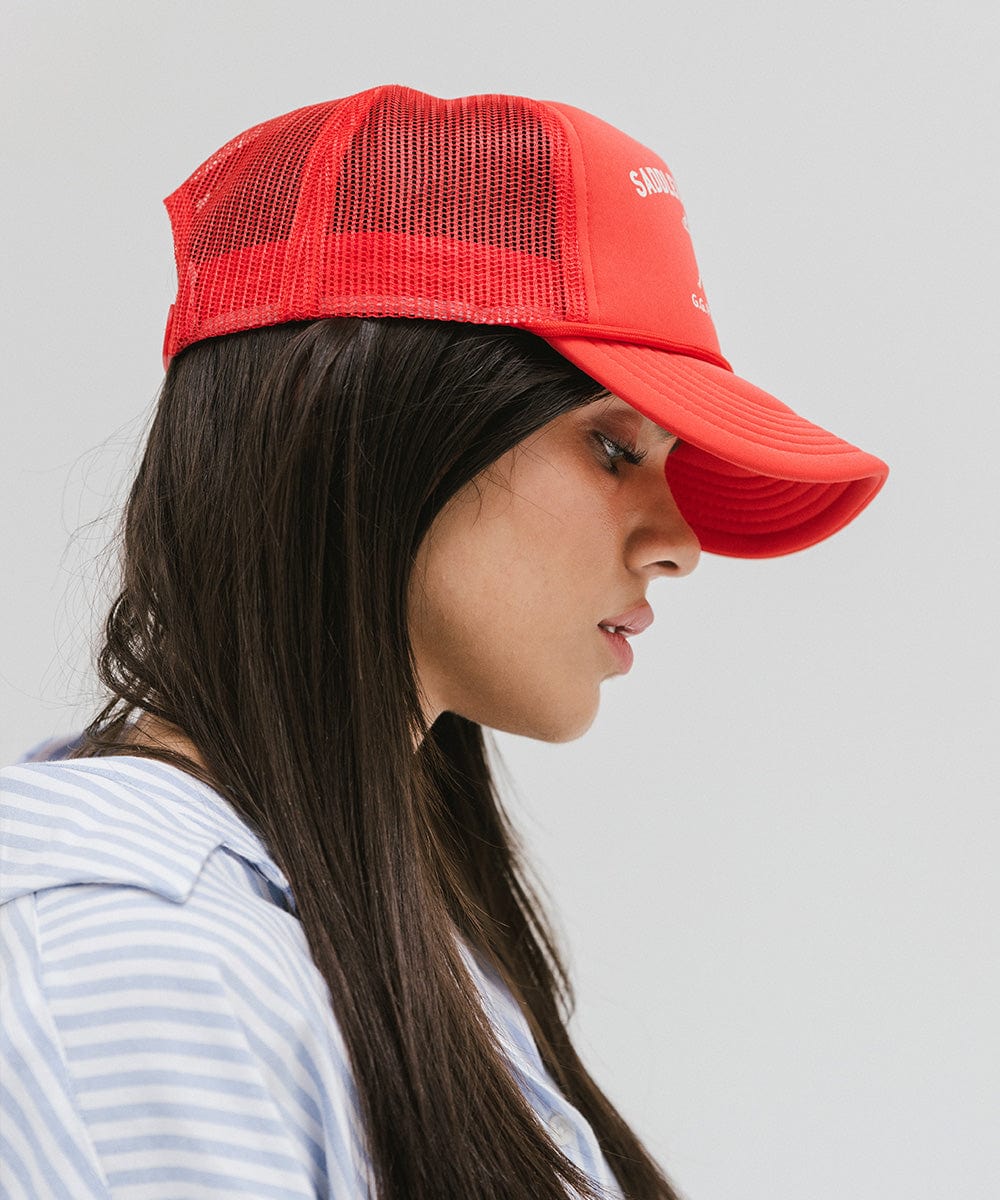 Gigi Pip trucker hats for women - Saddleback Foam Trucker Hat - 100% polyester foam + mesh trucker hat with a curved brim featuring the words "Saddleback Ranch" in a contrasting color as a design across the front panel [vintage red]