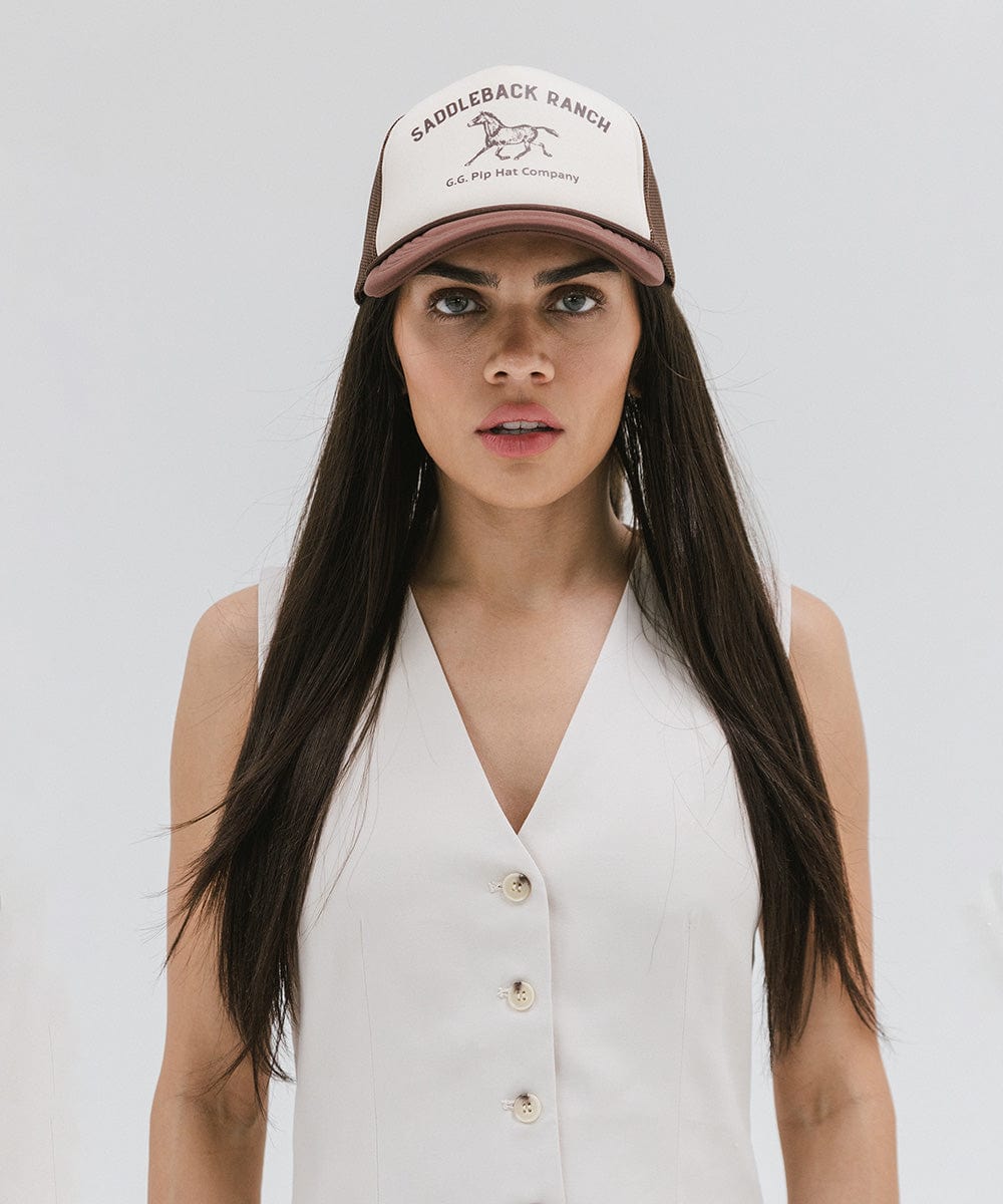 Gigi Pip trucker hats for women - Saddleback Foam Trucker Hat - 100% polyester foam + mesh trucker hat with a curved brim featuring the words "Saddleback Ranch" in a contrasting color as a design across the front panel [cream-chocolate brown]