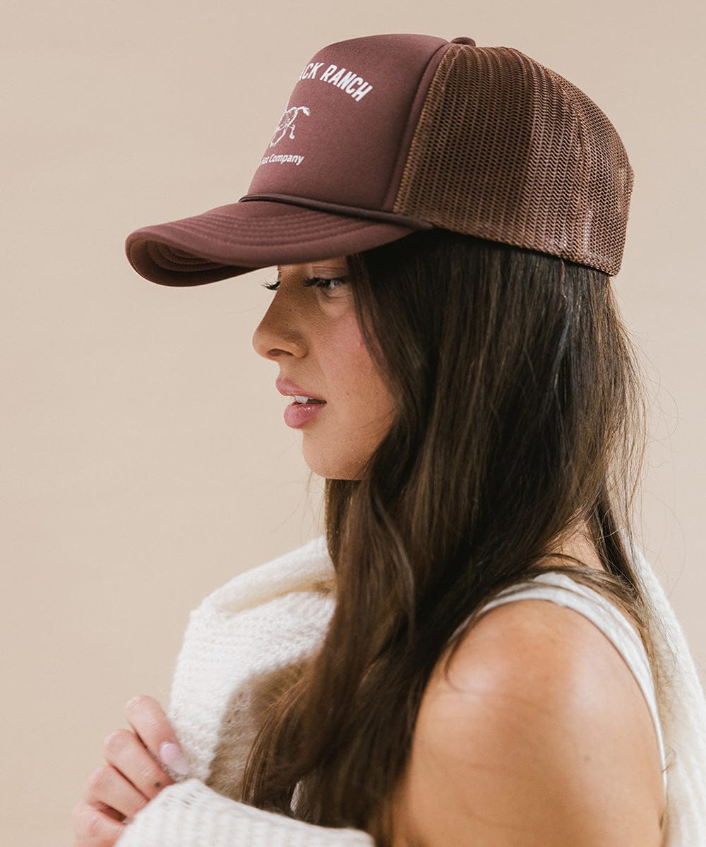 Gigi Pip trucker hats for women - Saddleback Foam Trucker Hat - 100% polyester foam + mesh trucker hat with a curved brim featuring the words "Saddleback Ranch" in a contrasting color as a design across the front panel [chocolate brown]