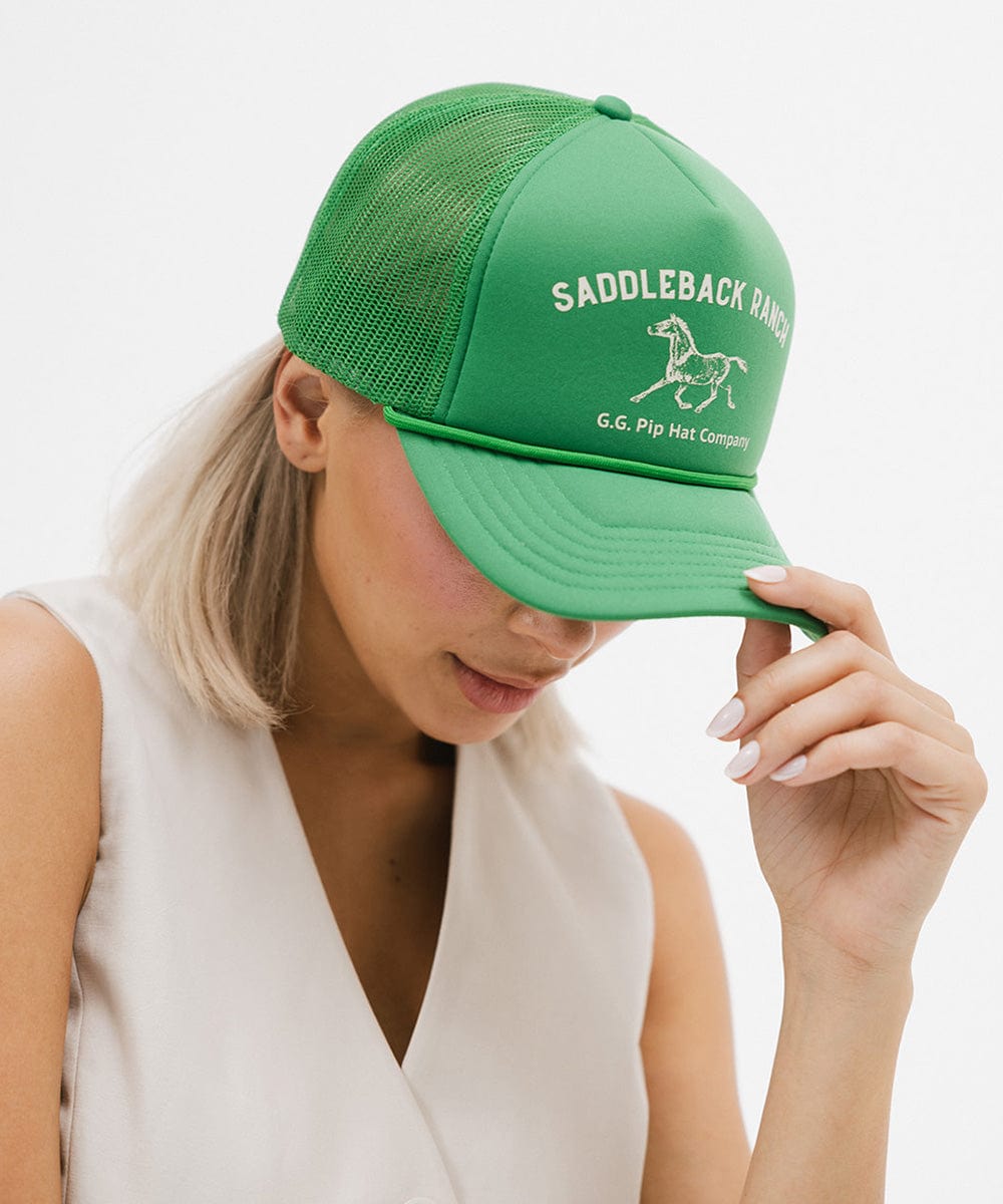 Gigi Pip trucker hats for women - Saddleback Foam Trucker Hat - 100% polyester foam + mesh trucker hat with a curved brim featuring the words "Saddleback Ranch" in a contrasting color as a design across the front panel [vintage green]