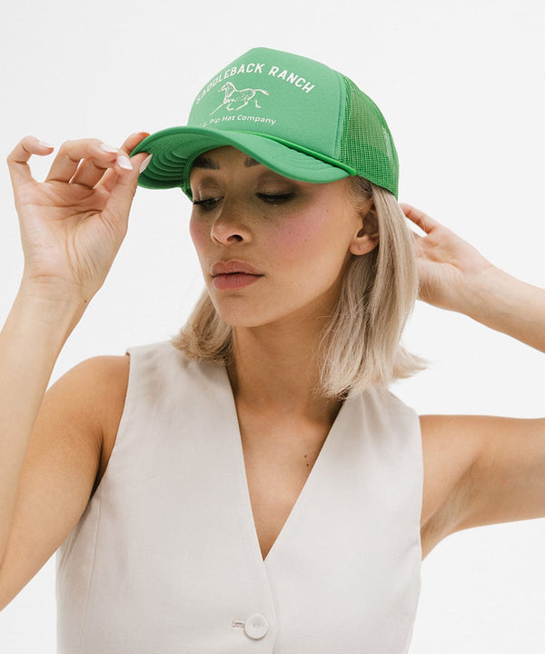 Gigi Pip trucker hats for women - Saddleback Foam Trucker Hat - 100% polyester foam + mesh trucker hat with a curved brim featuring the words "Saddleback Ranch" in a contrasting color as a design across the front panel [vintage green]