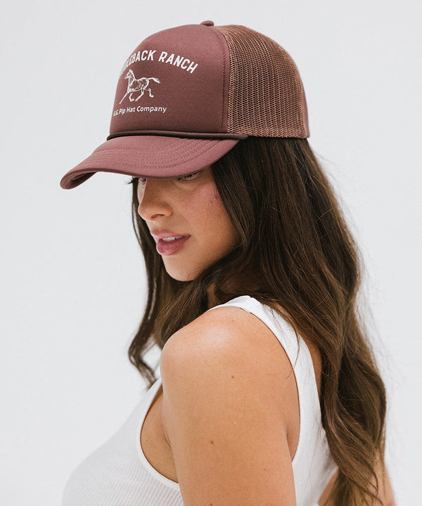 Gigi Pip trucker hats for women - Saddleback Foam Trucker Hat - 100% polyester foam + mesh trucker hat with a curved brim featuring the words "Saddleback Ranch" in a contrasting color as a design across the front panel [chocolate brown]