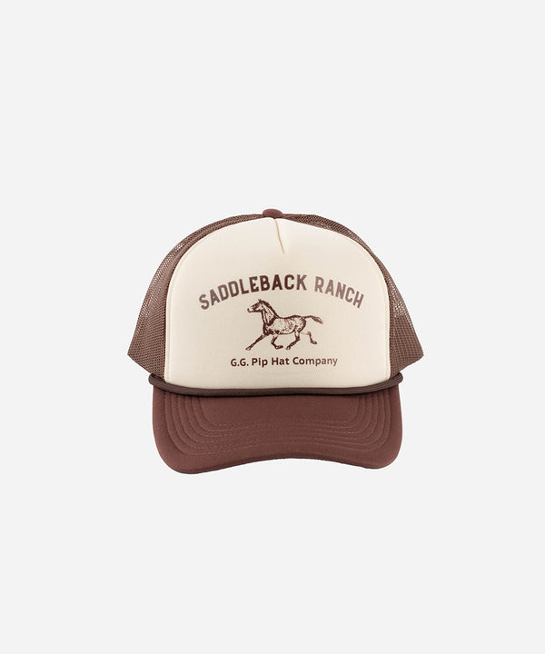 Gigi Pip trucker hats for women - Saddleback Foam Trucker Hat - 100% polyester foam + mesh trucker hat with a curved brim featuring the words "Saddleback Ranch" in a contrasting color as a design across the front panel [cream-chocolate brown]