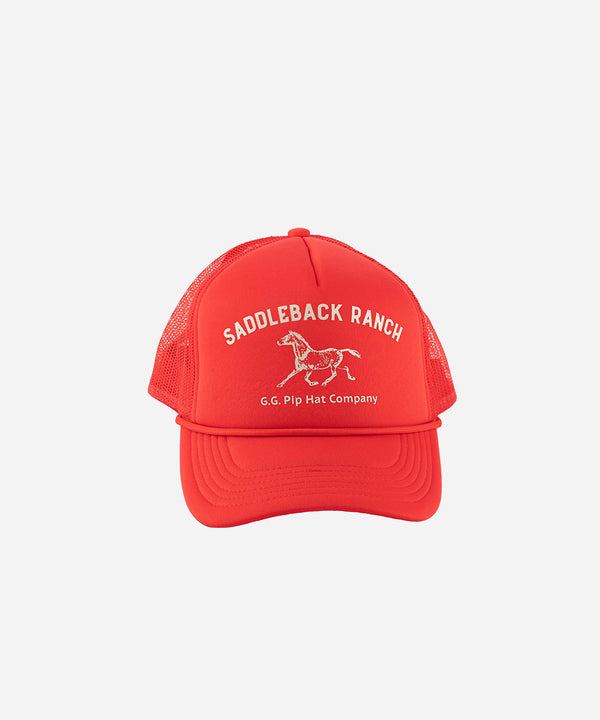 Gigi Pip trucker hats for women - Saddleback Foam Trucker Hat - 100% polyester foam + mesh trucker hat with a curved brim featuring the words "Saddleback Ranch" in a contrasting color as a design across the front panel [vintage red]